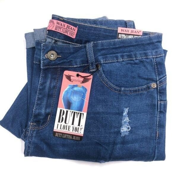 Wax Stretchy Blue Distressed Denim Jeans - Picture 1 of 4